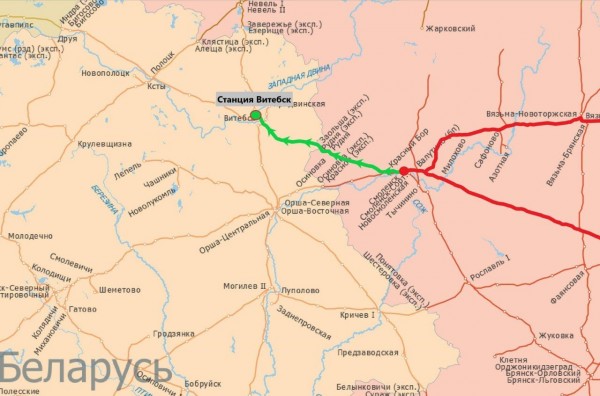 Маршрут перекидання російських військових до Вітебська Маршрут перекидання російських військових до Вітебська